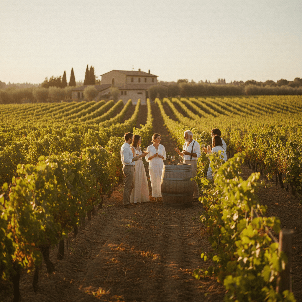 Group tasting wine at a family-run Tuscan vineyard