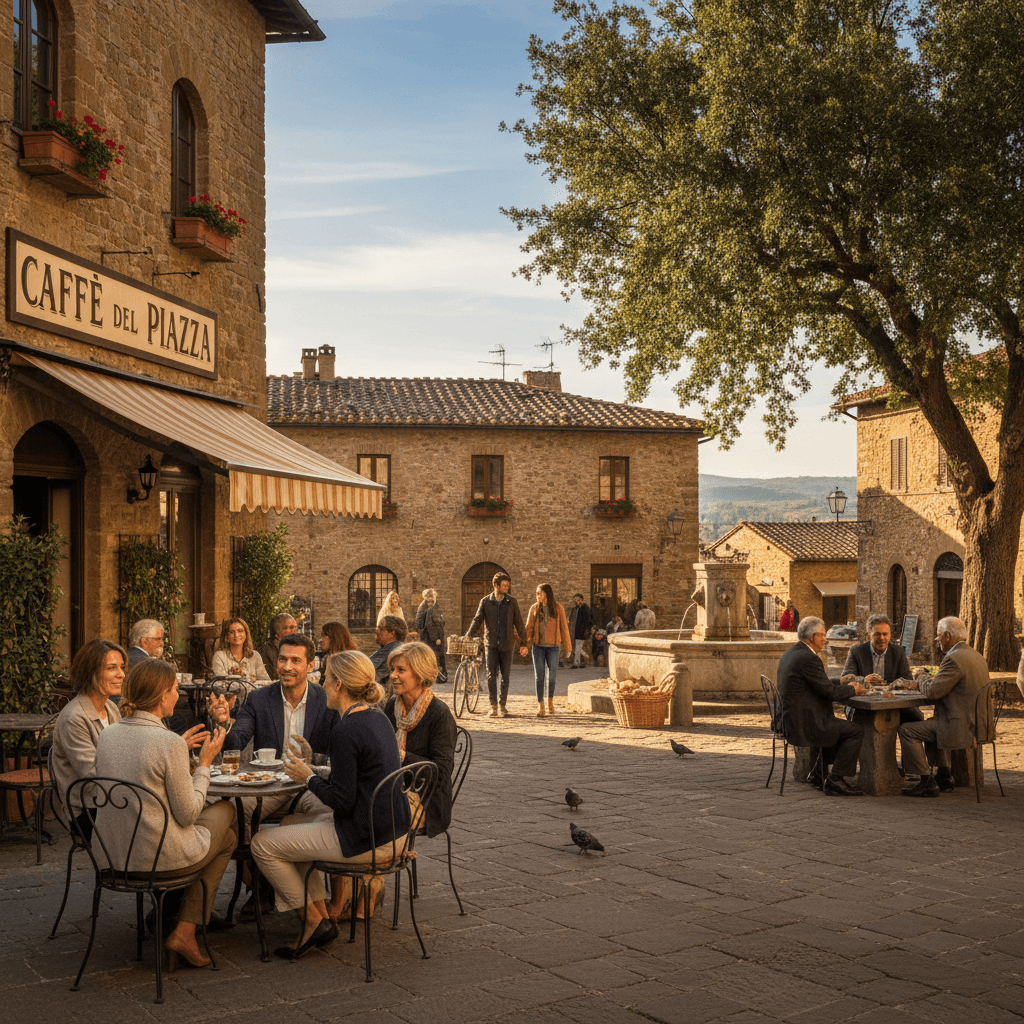 Locals sharing morning coffee in traditional Tuscan piazza