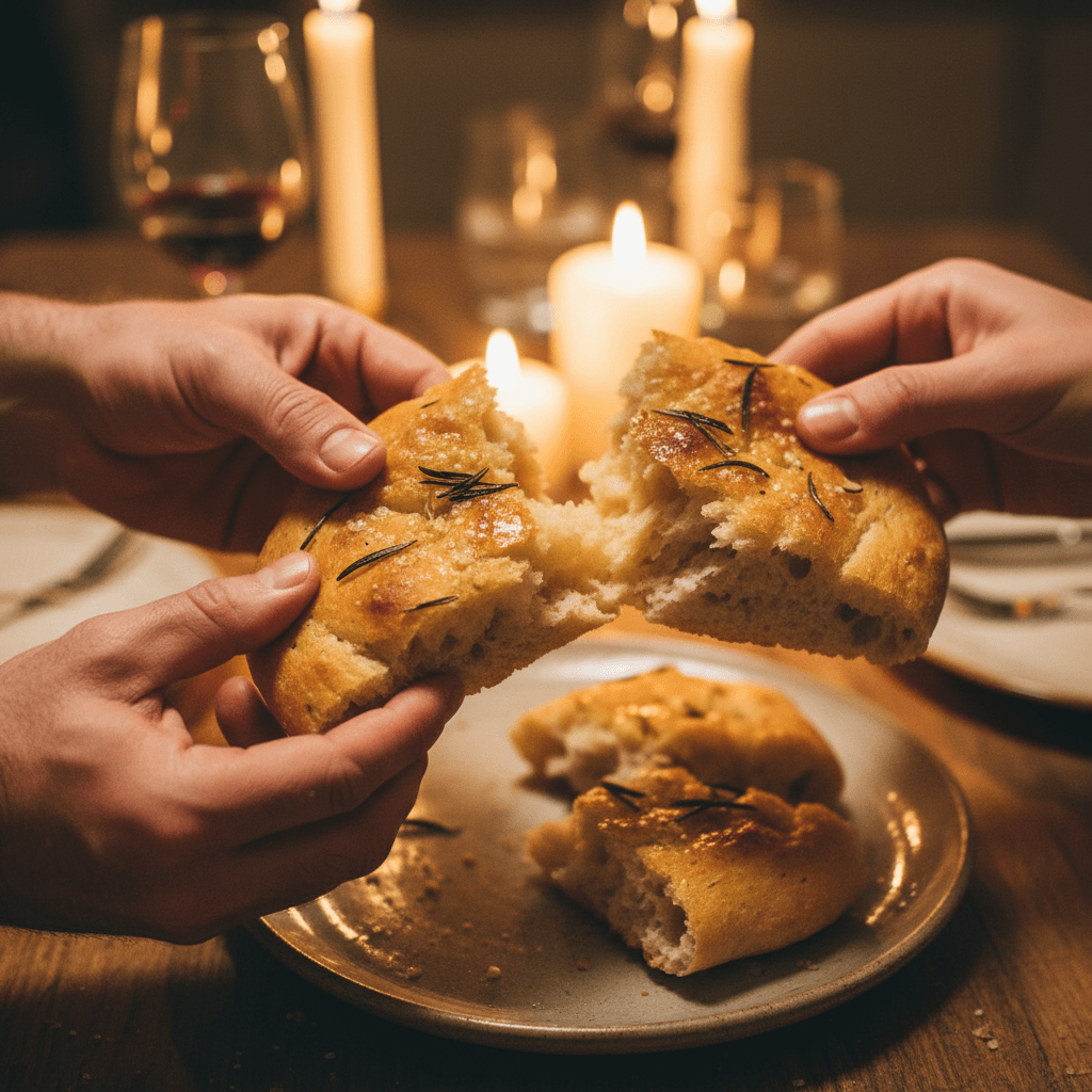 Sharing freshly baked focaccia at a traditional Tuscan meal