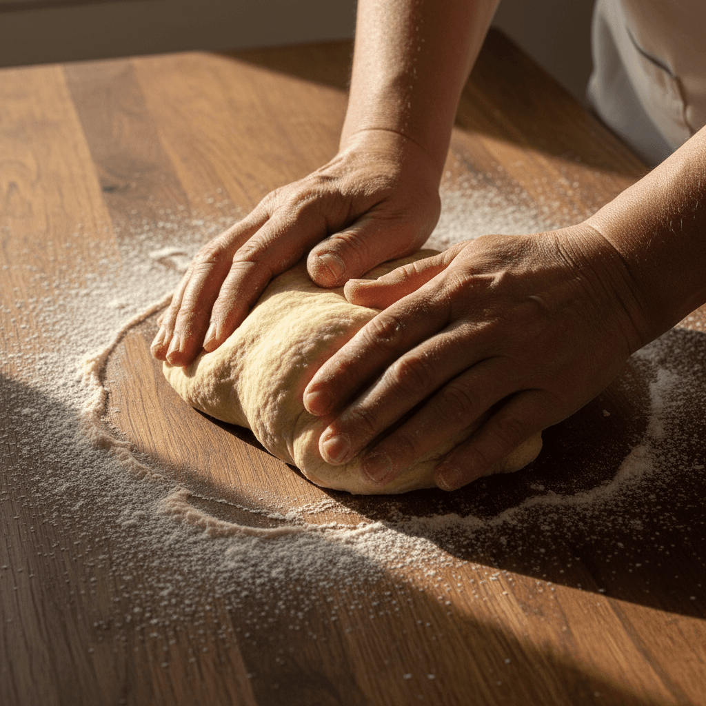 Hands kneading fresh pasta dough in a Tuscan kitchen