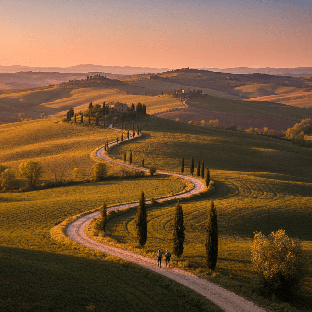 Trekkers moving through historic Tuscan landscape