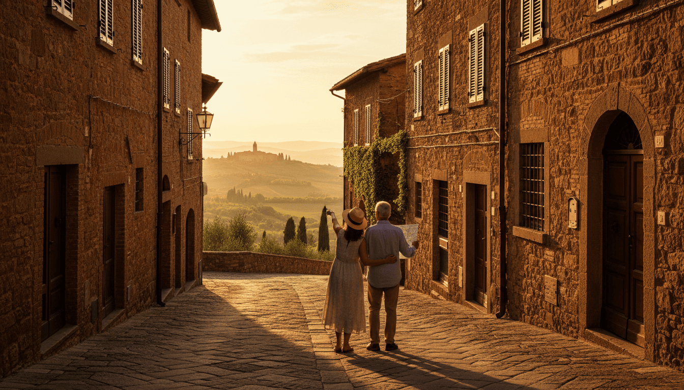 Couple exploring a quiet cobblestone street in a historic Tuscan hamlet during golden hour