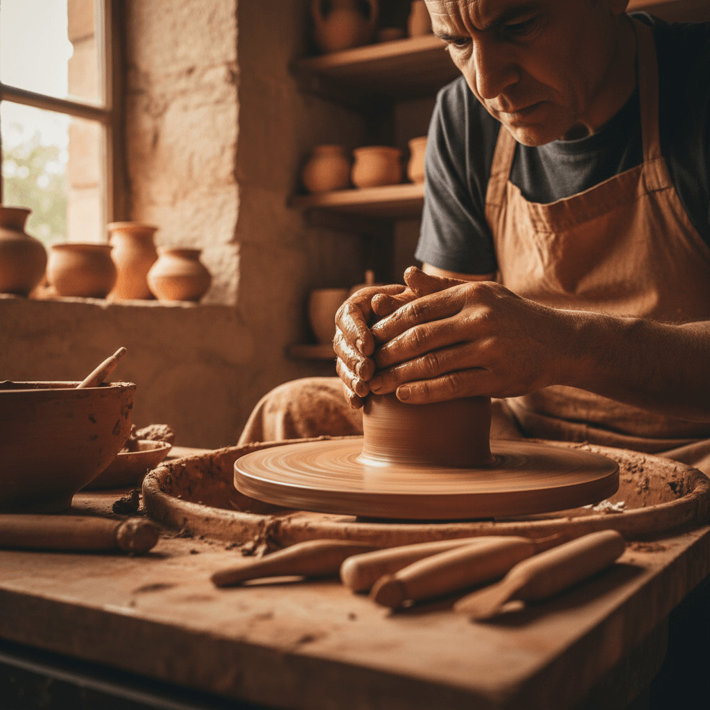 Local artisan crafting pottery at a traditional wheel