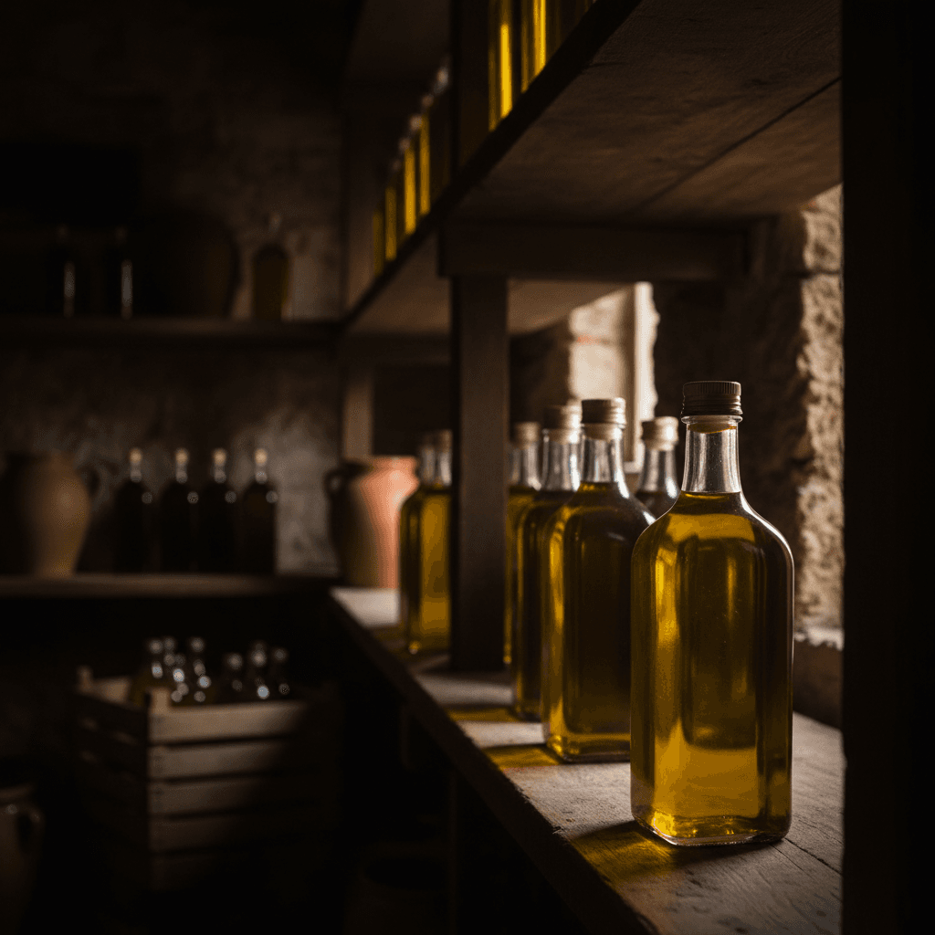 Extra virgin olive oil bottles in a traditional Tuscan frantoio