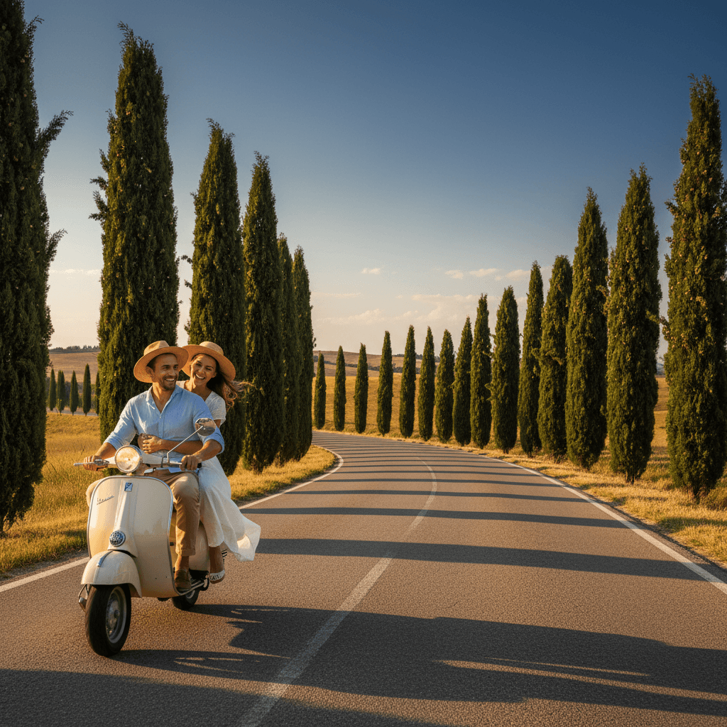 Travelers on a vintage Vespa exploring Tuscan countryside roads