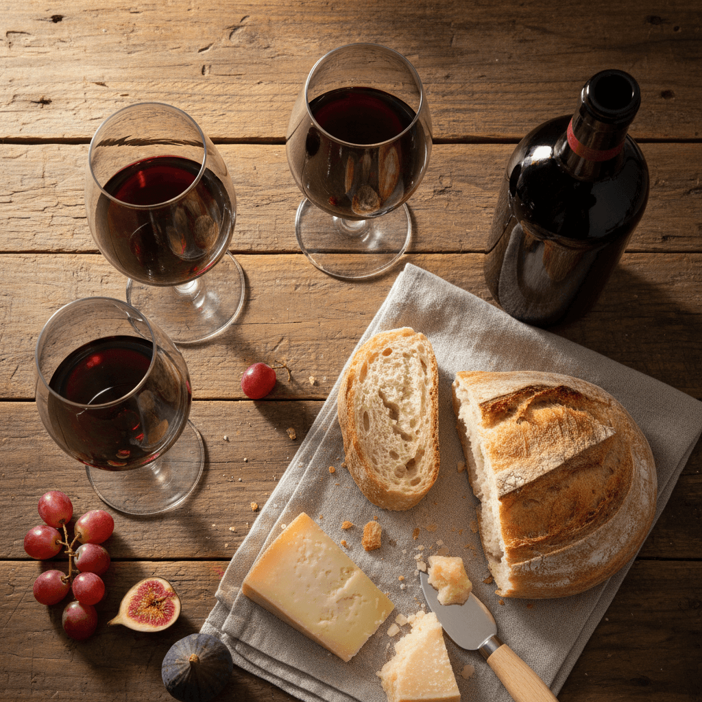 Tuscan wine tasting spread with local cheese and bread