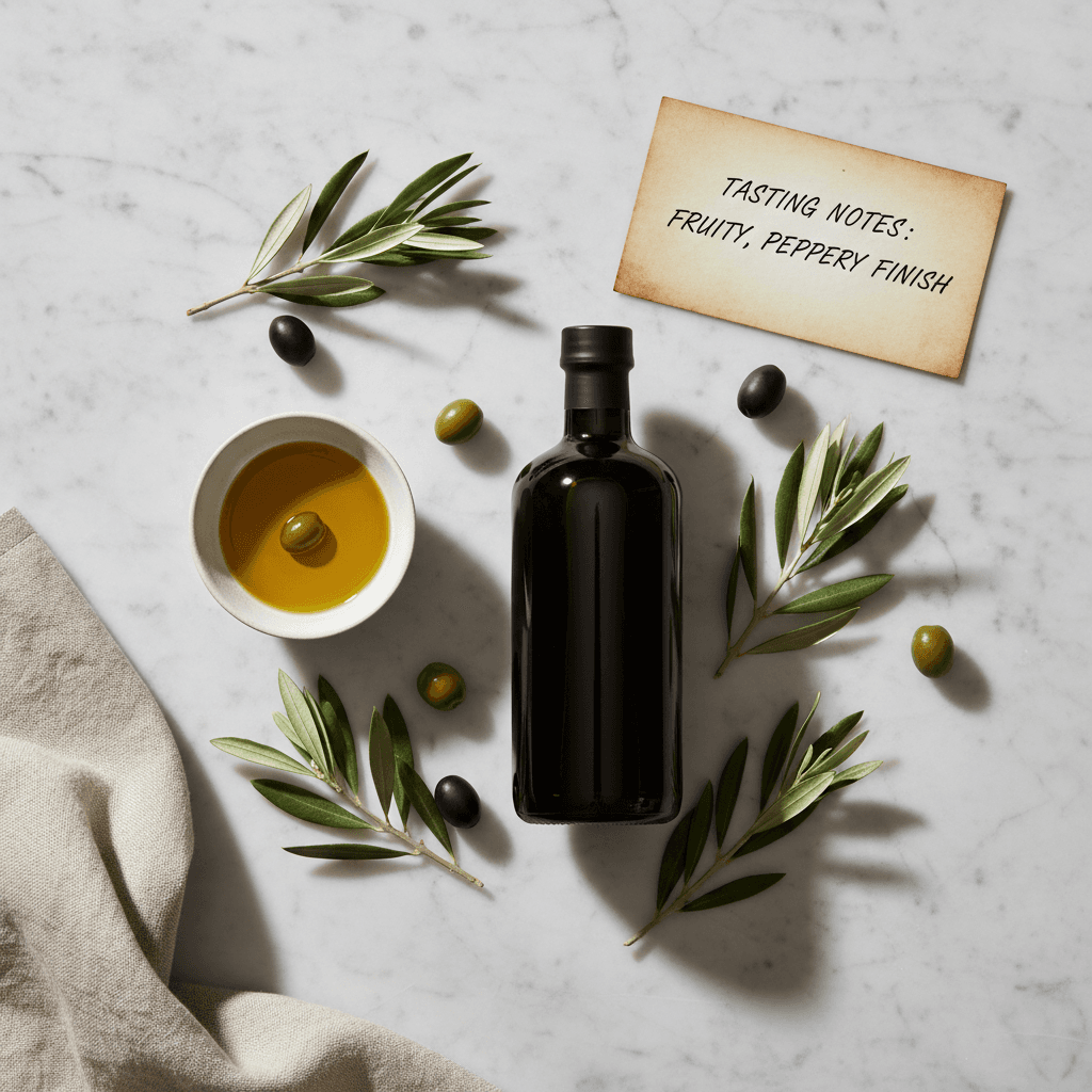 Tuscan ingredients and olive oil on wooden table