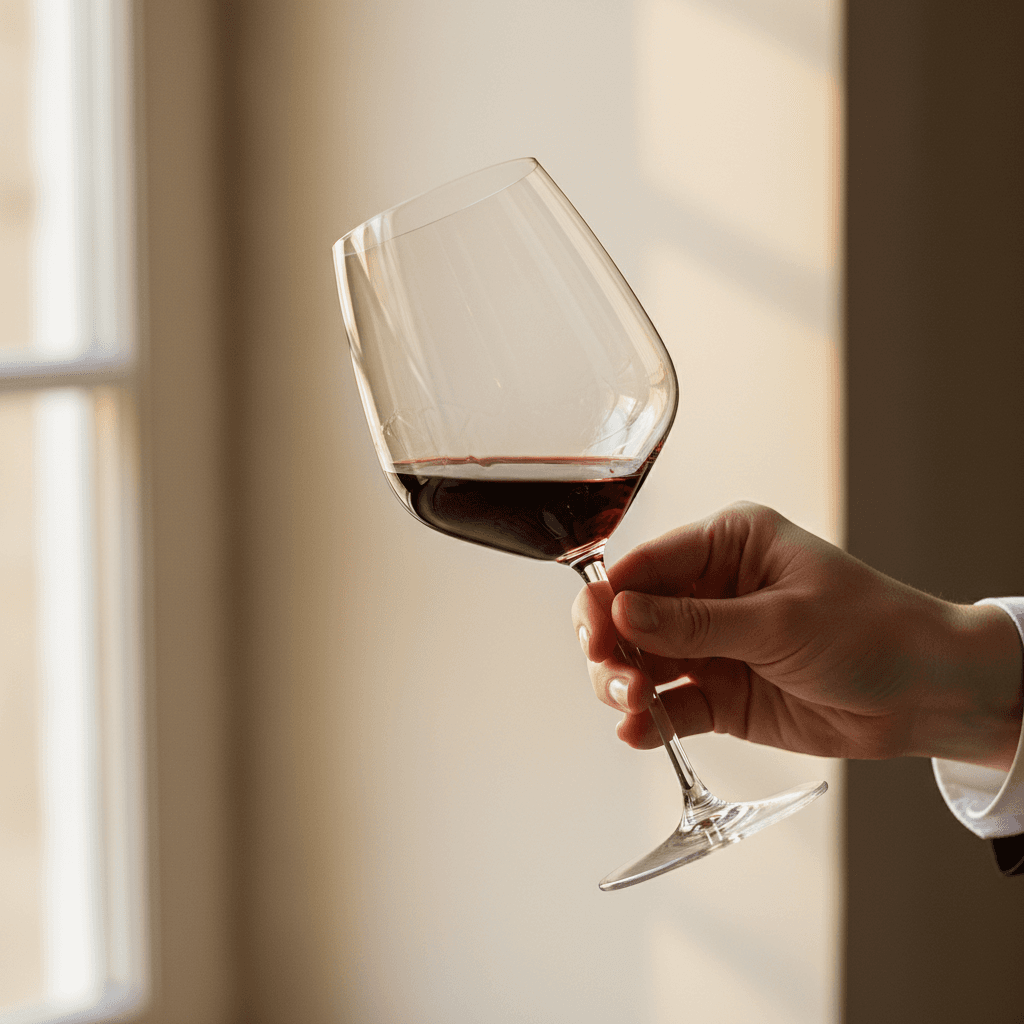 Glass of wine held up to the light in a historic Tuscan wine cellar