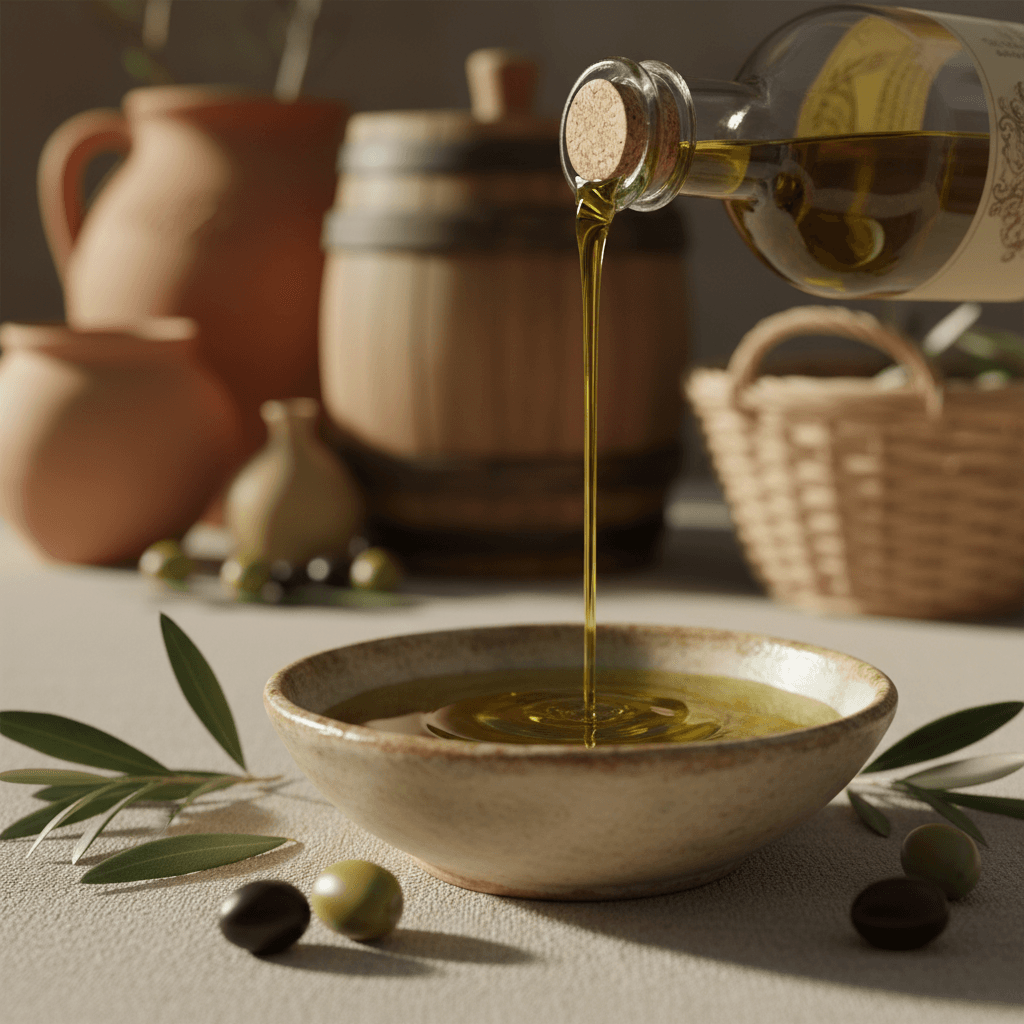 Hands holding fresh olive oil in ceramic bowl with olives and rustic details