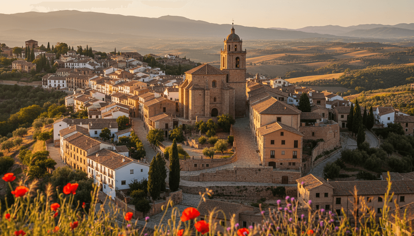 Historic Spanish village with terracotta-roofed buildings and church tower nestled in rolling hillsides at golden hour