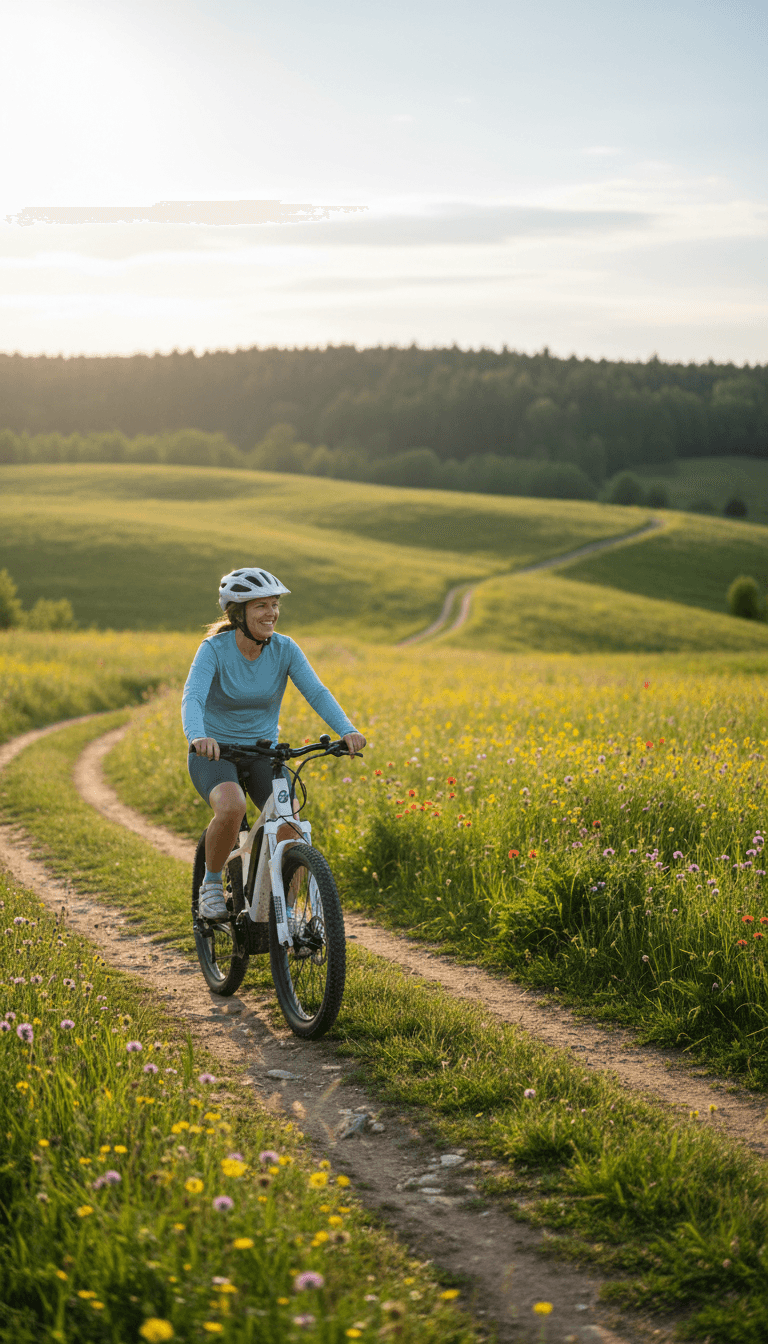 Traveler on e-bike consulting map while exploring rural Tuscan lane