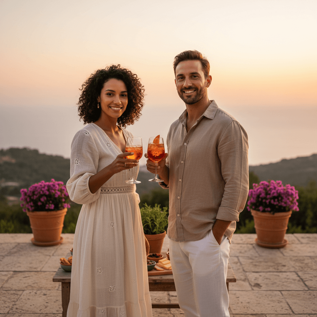 Diverse couple toasting with cocktails on private villa terrace overlooking Mediterranean sunset, enjoying upscale coastal vacation moment