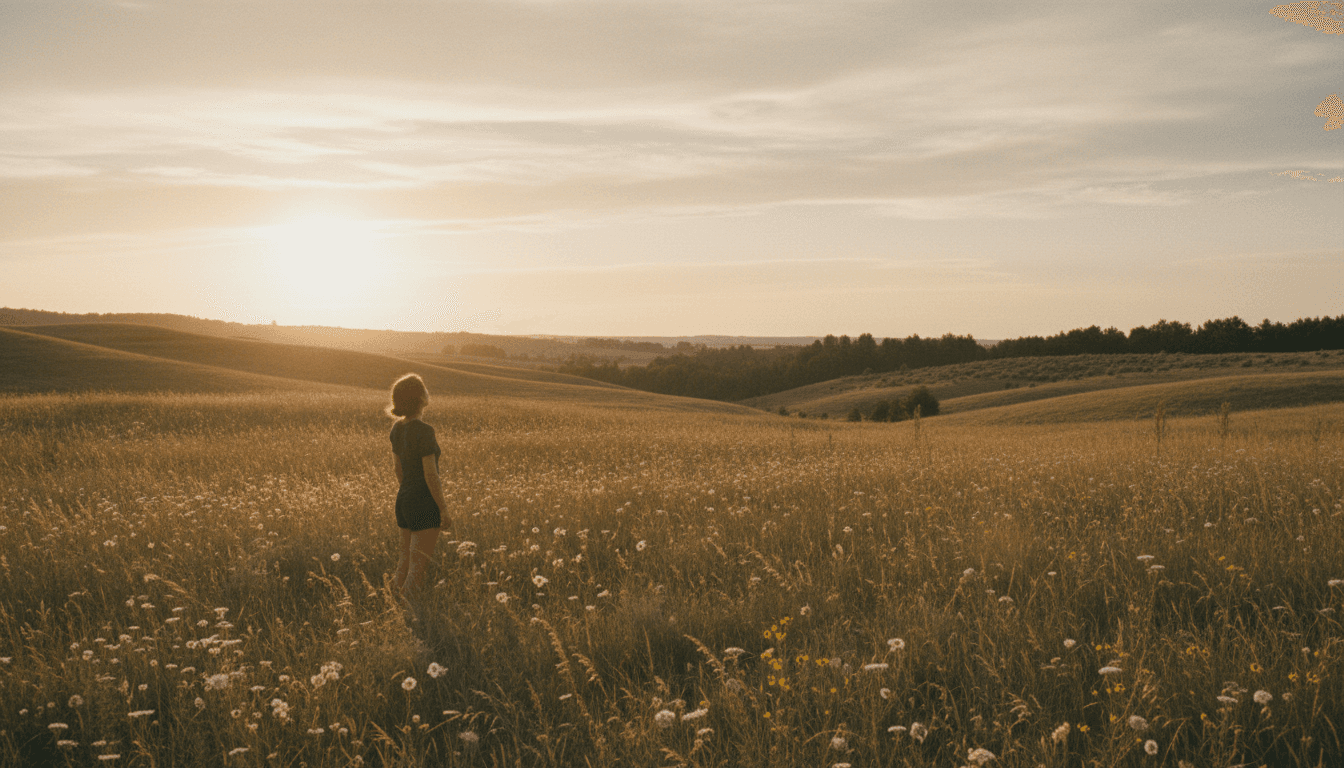 Traveler pausing on a quiet path overlooking rolling Tuscan hills and distant villages at sunset