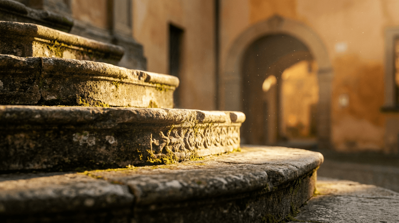 Ancient stone steps in a hidden Tuscan village bathed in golden afternoon light