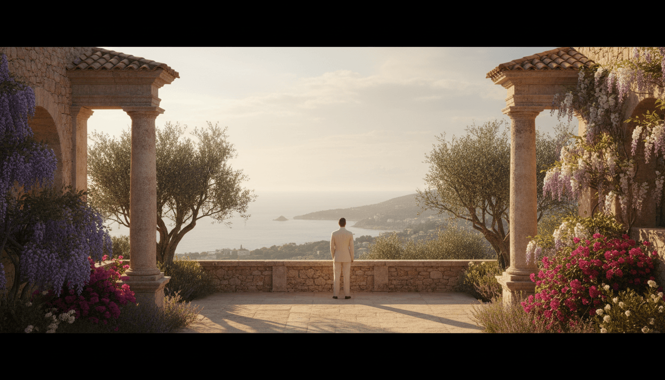 Traveler overlooking rolling Tuscan hills at golden hour