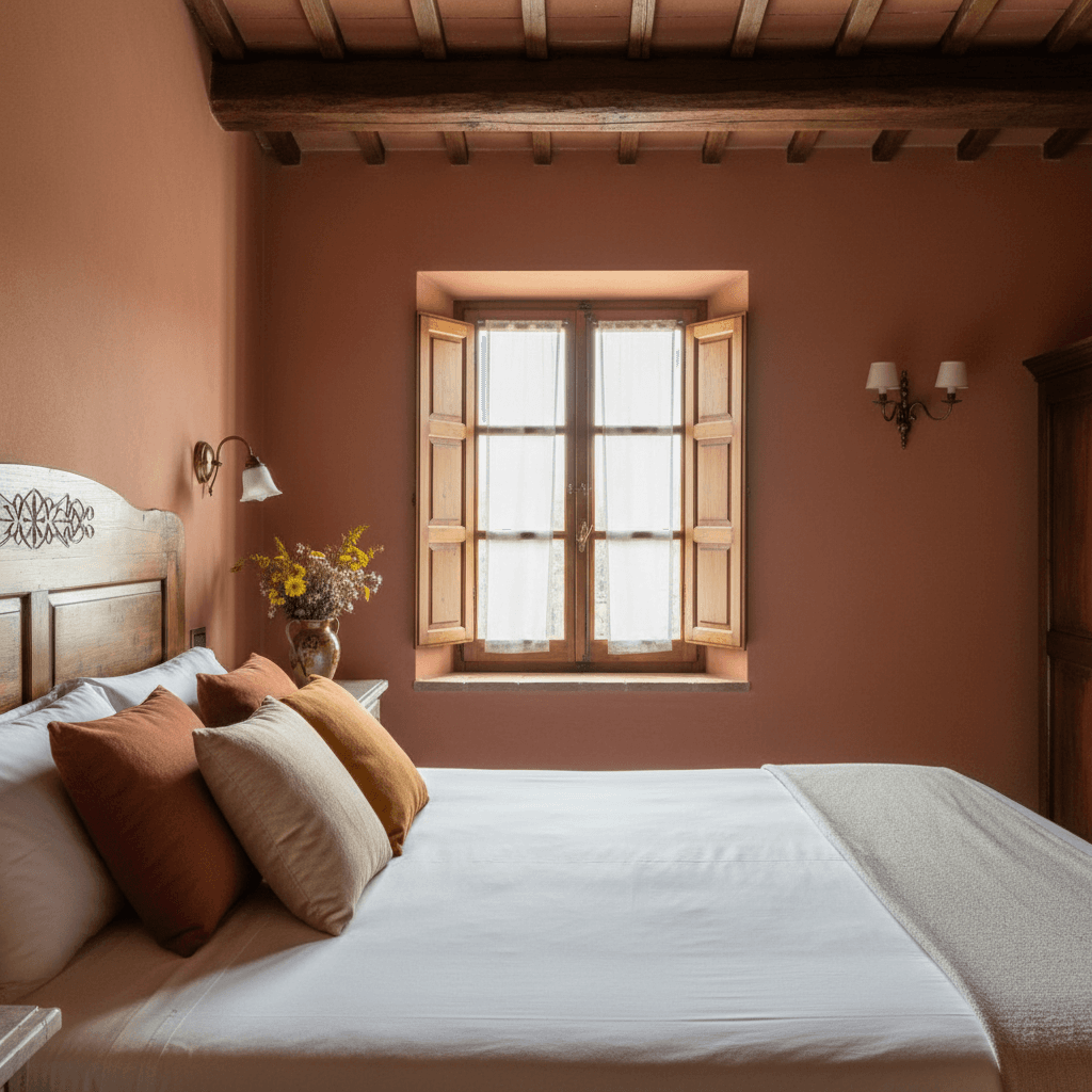 Tuscan agriturismo bedroom with natural golden light