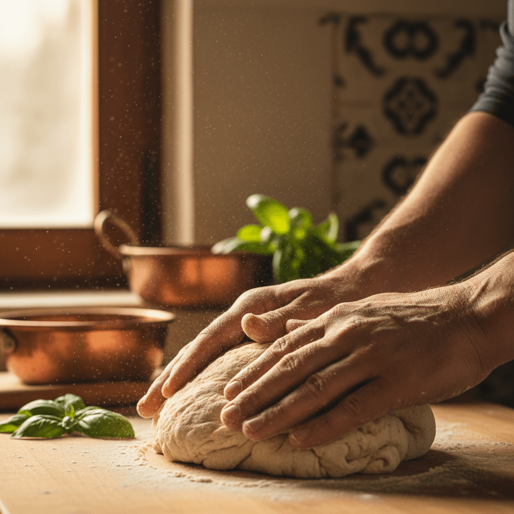 Hands shaping fresh pasta dough in traditional kitchen