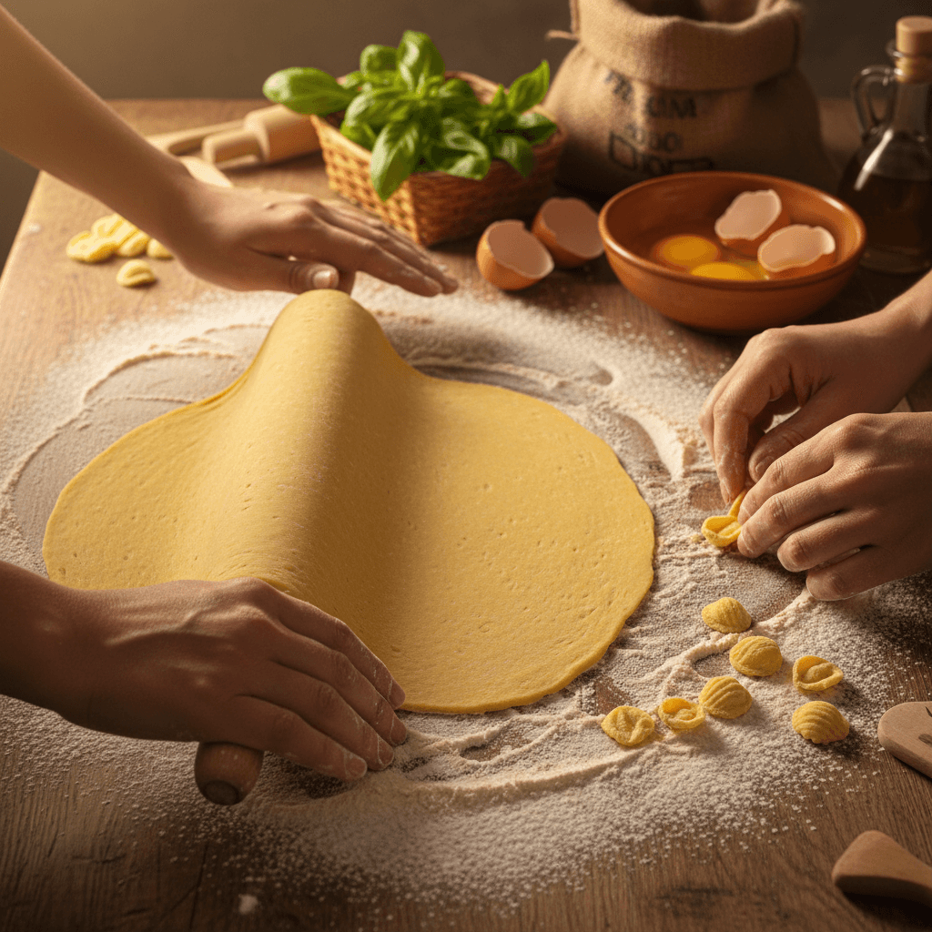 Overhead view of pasta-making materials and experience planning notes at Unmapped Tuscany