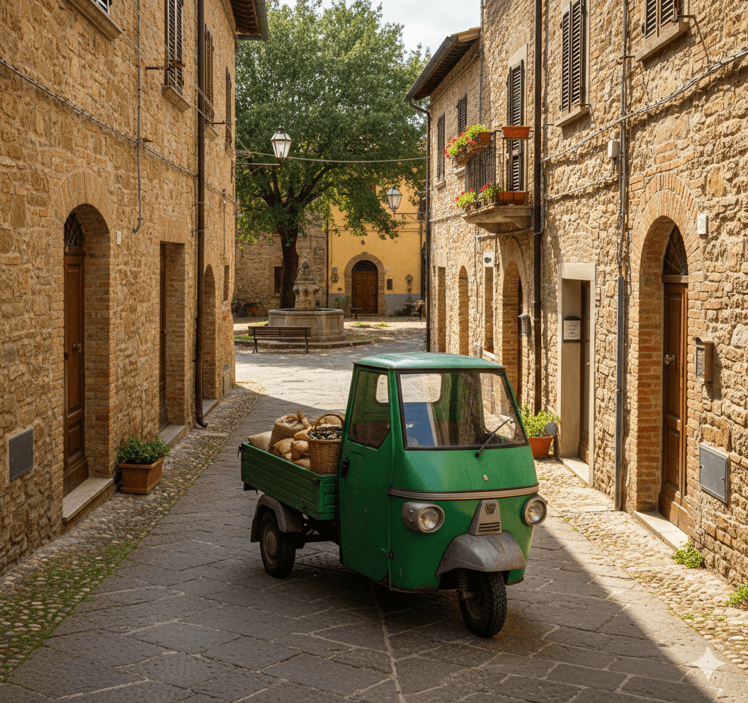 Green three-wheeled truck parked on a narrow cobblestone street in a historic stone village.