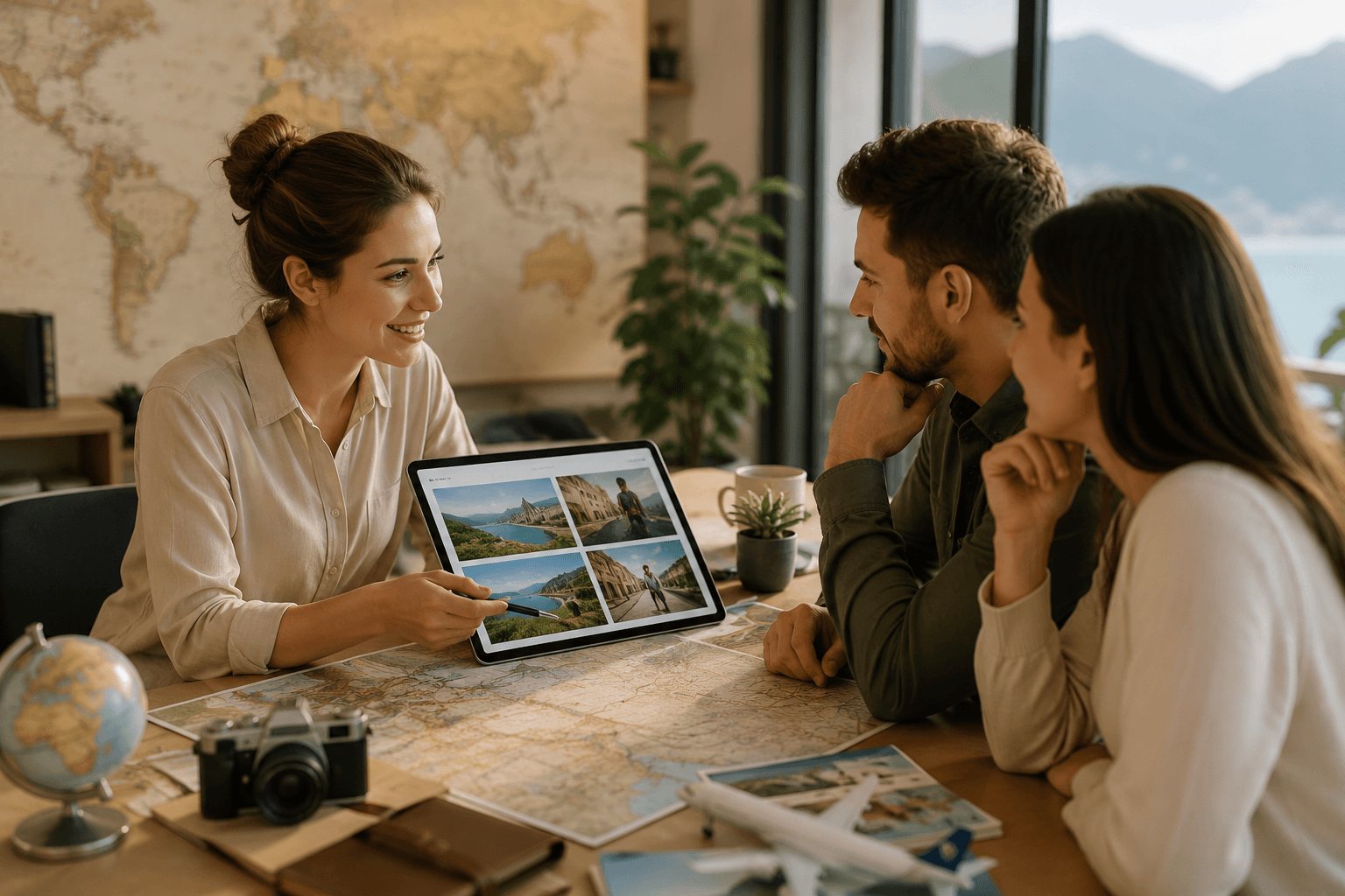 Smiling travel agent shows vacation photos on a tablet to a couple planning a trip.