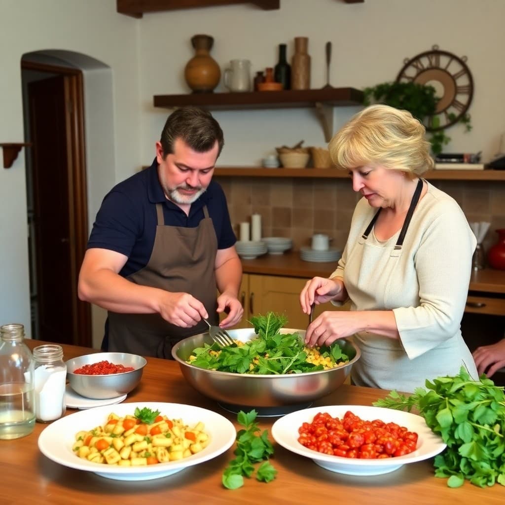 Man and woman in aprons toss a large green salad together in a rustic kitchen setting.