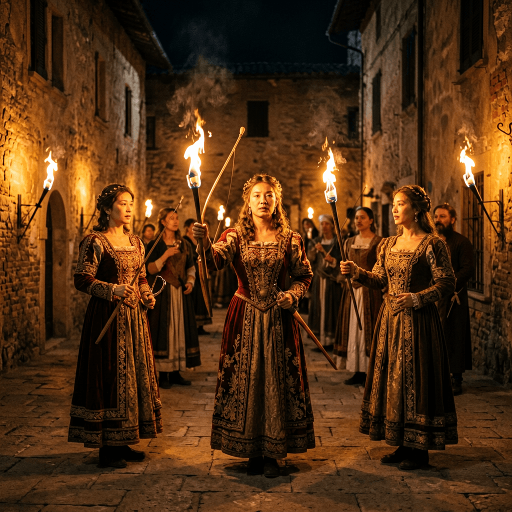 Women in ornate medieval gowns hold flaming torches in a stone alleyway at night.