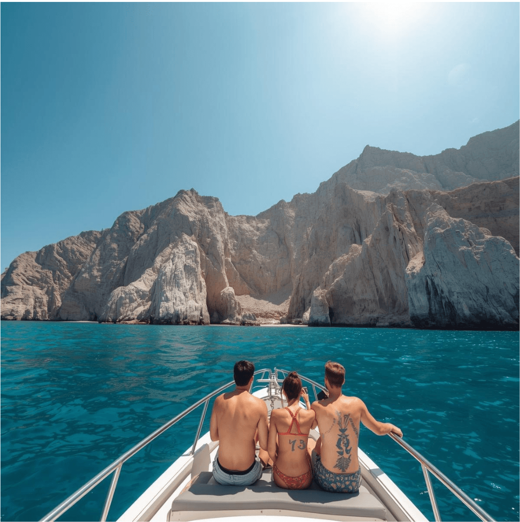 Three people on a boat bow facing massive white cliffs over clear turquoise ocean water.