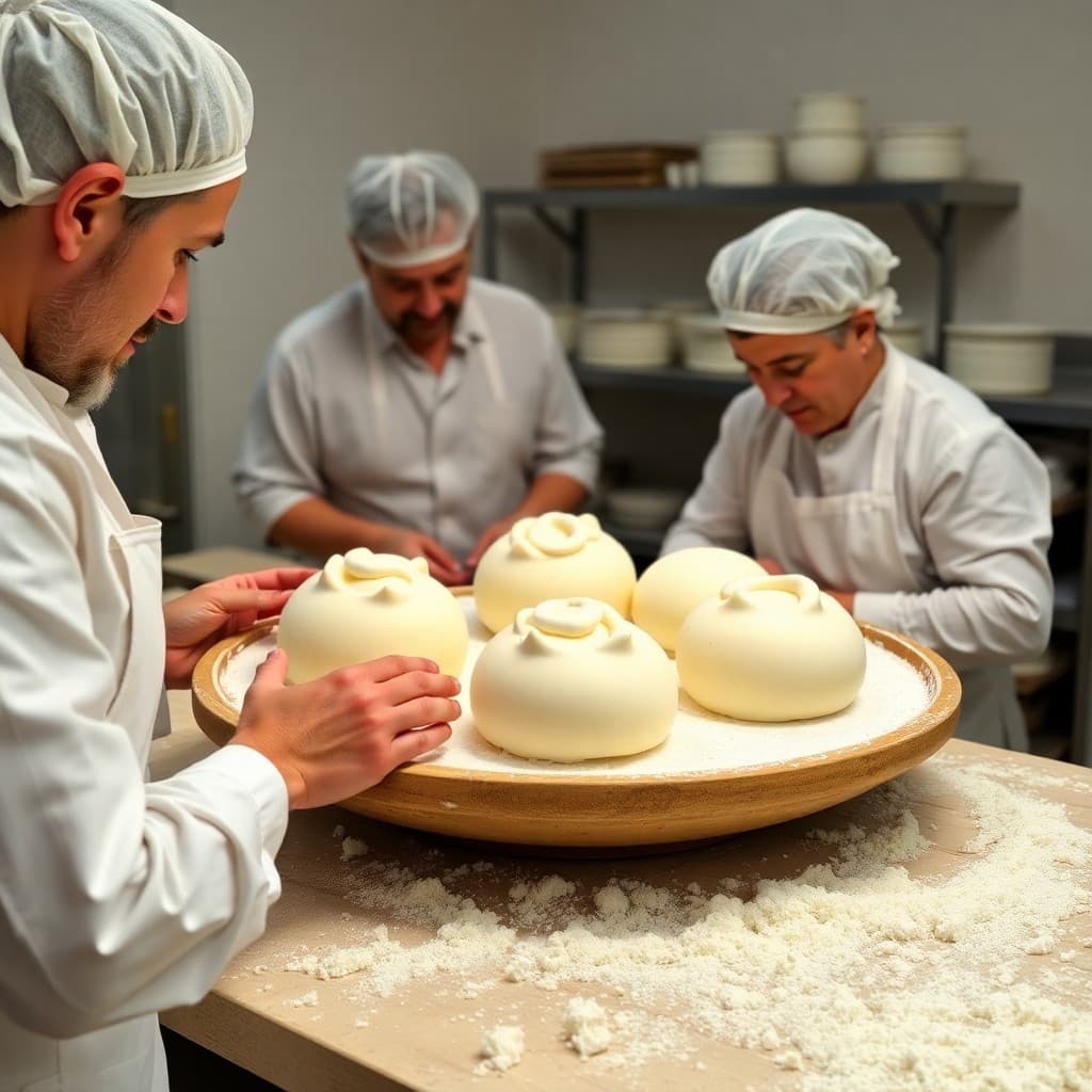Three chefs in hairnets prepare smooth white dough balls on a floured wooden platter.