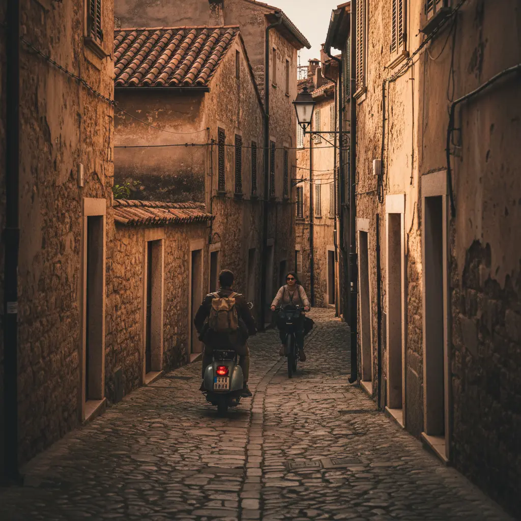Scooter and bicycle riders on a narrow cobblestone street between historic stone buildings.