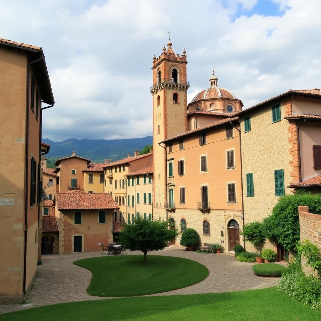 Terracotta buildings surround a manicured lawn and stone courtyard with a bell tower and dome.