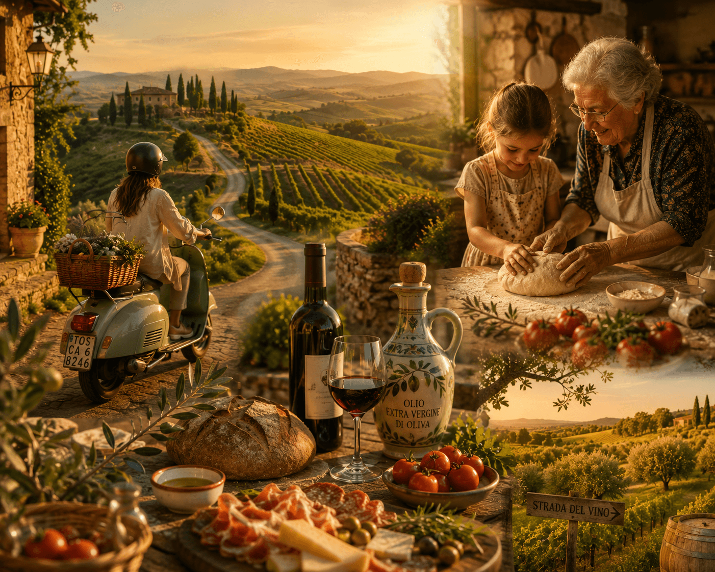 Woman on a scooter, family baking, and a rustic Italian feast overlooking golden Tuscan vineyards.
